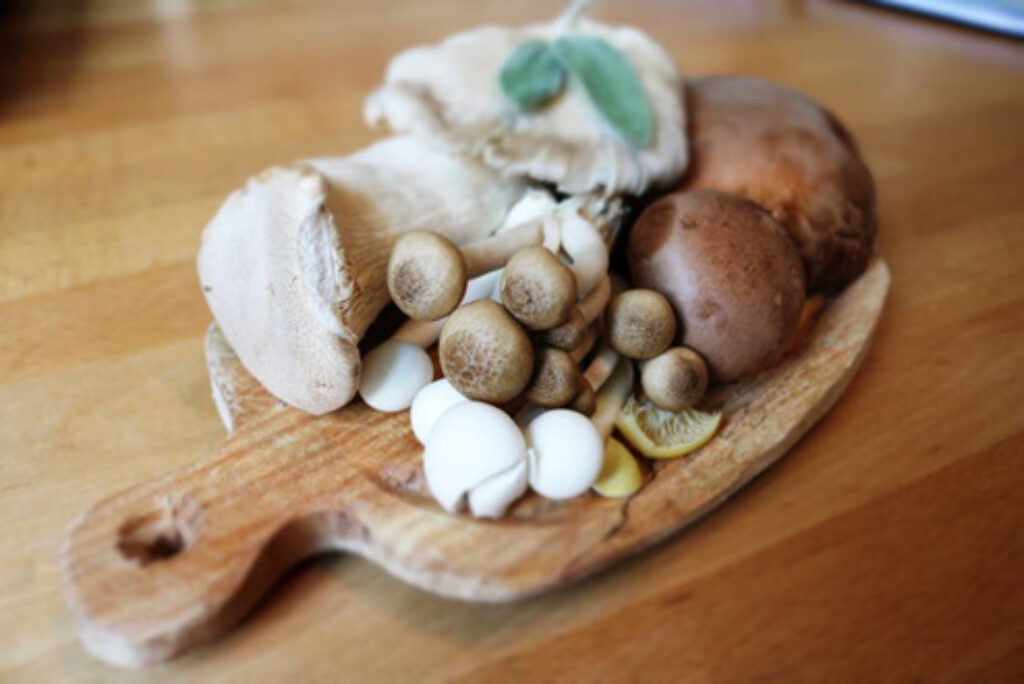 Different types of mushrooms on a cutting board