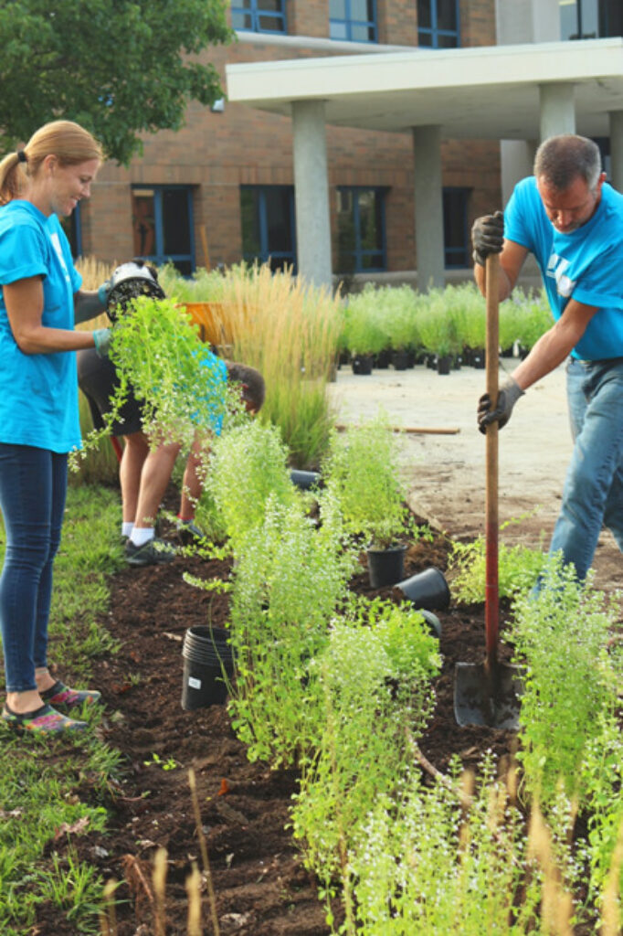 A family doing gardening together