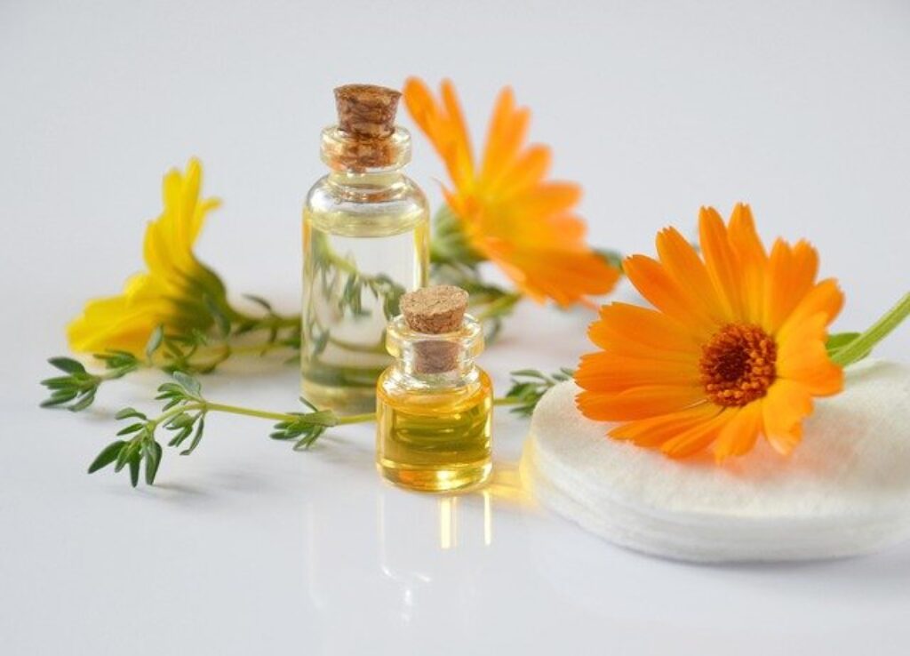 calendula flowers and essential oils