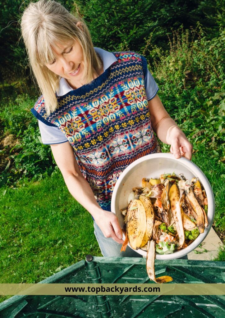 a girl throwing rubbish in compost bin