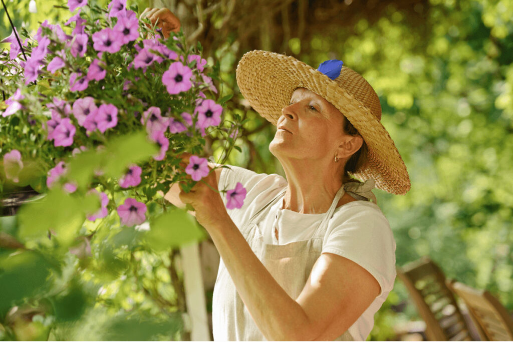 a woman deadheading plants