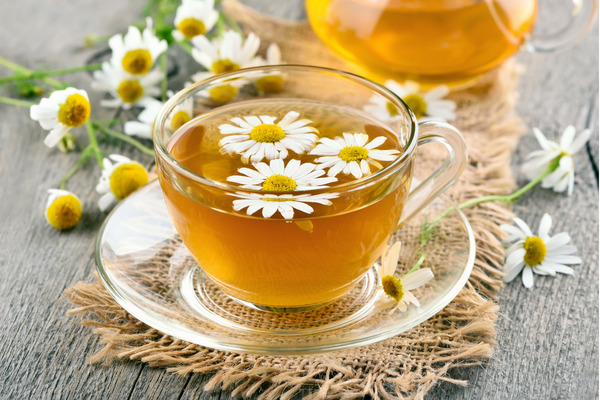 chamomile flowers in tea