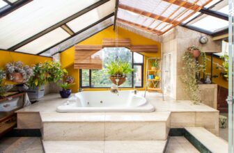 a tub surrounded by plants
